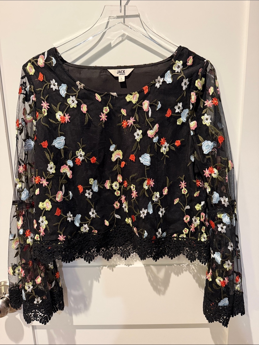 Jack by BB Dakota Floral Embroidered Black Sheer Top with Lace Bell Sleeves